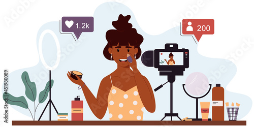 Popular woman video blogger records a video review of cosmetics using a video camera and a light lamp. Celebrity beauty blogger in social network. Isolated vector illustration in cartoon style. Eps10