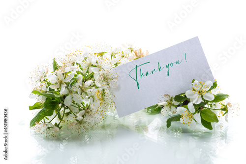 thank you card and blooming spring branch with flowers