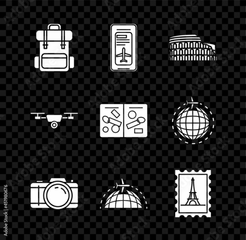 Set Hiking backpack, Coliseum Rome, Italy, Photo camera, Globe flying plane, Postal stamp and Eiffel tower, Drone action video and Passport pages visa stamps icon. Vector