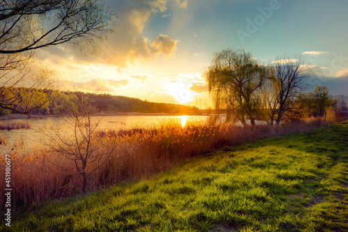 Sunset over the lake next to the forest and the shore with green grass