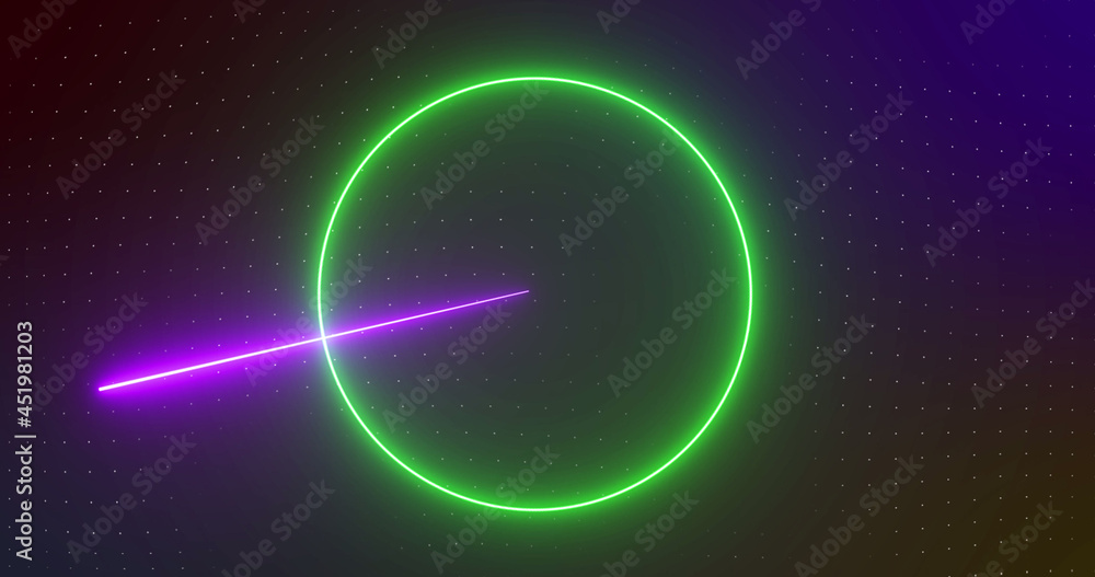 Image of rotating yellow, orange, green neon shapes with pink and blue lasers, on black Image of rotating yellow, orange, green neon shapes with pink and blue lasers, on black