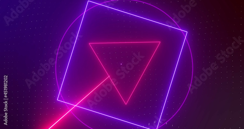 Image of rotating red and pink neon shapes with pink and red laser beams on dark background