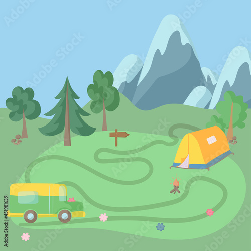 Landscape illustration in flat style with tent, bonfire, mountains, forest. Background for summer camp, nature tourism.