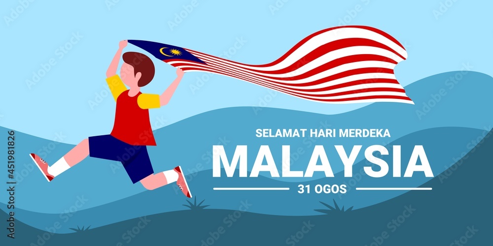 Merdeka 31 Vector illustration, boy running carrying Malaysian flag, with the text ...