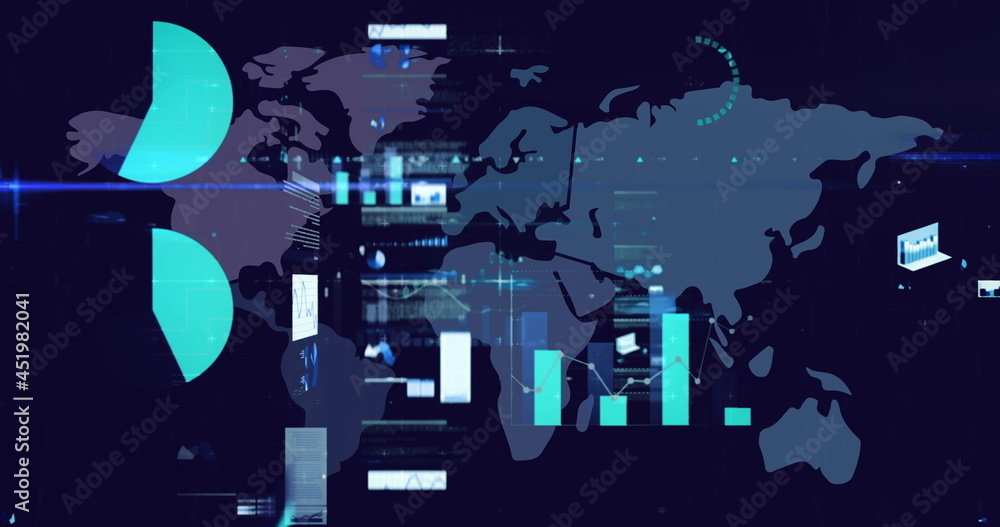 Obraz premium Digital image of digital interface with data processing against world map on blue background