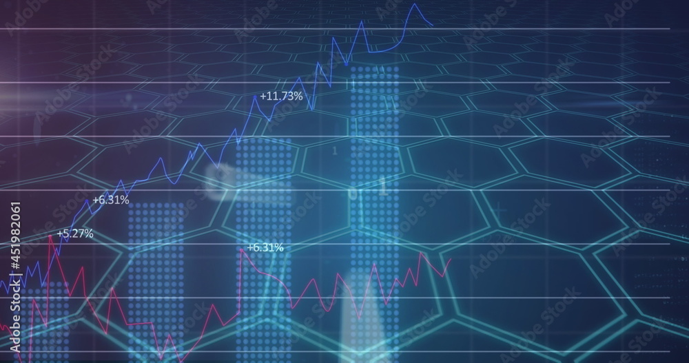 Image of red lines and financial data processing over hexagons Image of red lines and financial data processing over hexagons