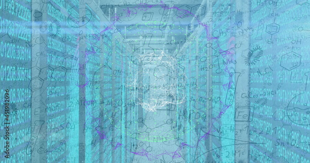Image of network of connections spinning over computer servers and mathematical data processing Image of network of connections spinning over computer servers and mathematical data processing