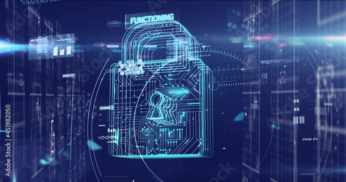 Digital image of glowing security padlock icon and data processing against blue background