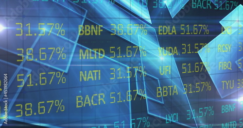 Image of stock exchange financial data processing over glowing blue squares photo