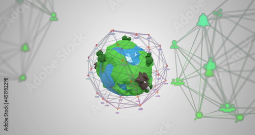 Network of connection icons against globe with growing trees and plane flying