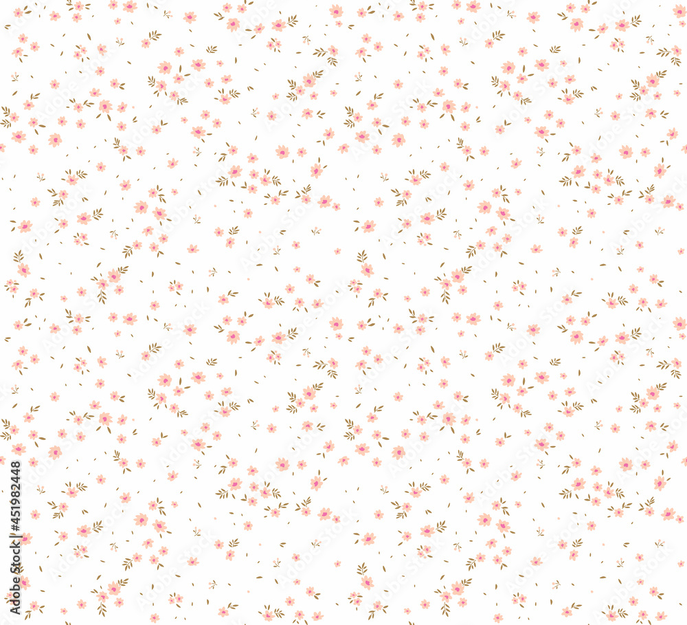 Cute floral pattern. Seamless vector pattern. Elegant template for fashion prints. Small light pink flowers. White background. Summer and spring motifs. Stock vector.