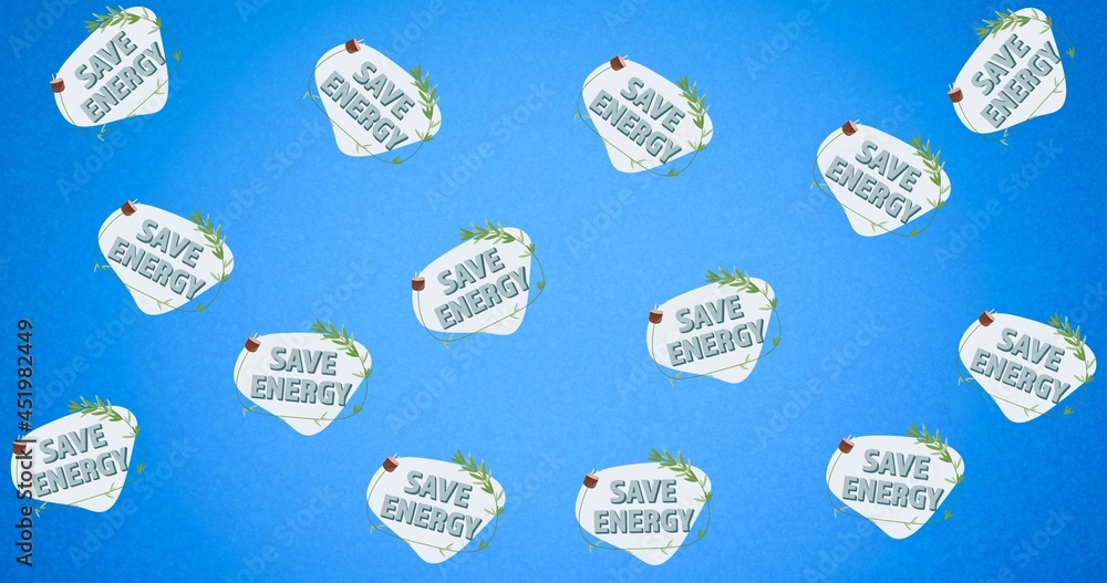 Composition of multiple save energy text over blue background on Composition of multiple save energy text over blue background on