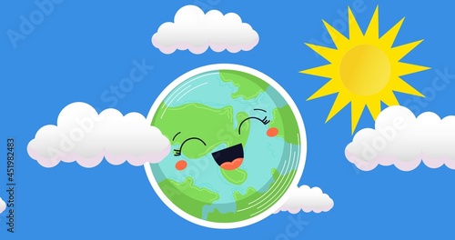 Composition of laughing globe over blue sky and clouds