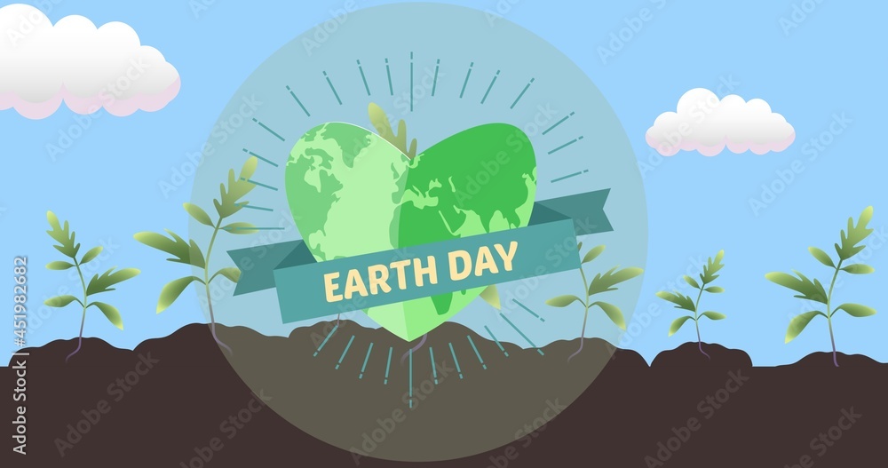 Composition of earth day text and globe logo over plants in soil with blue sky and clouds Composition of earth day text and globe logo over plants in soil with blue sky and clouds