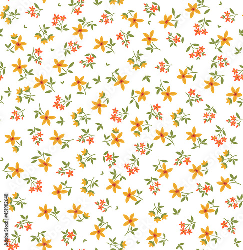 Vector seamless pattern. Pretty pattern in small flowers. Small yellow and orange flowers. White background. Ditsy floral background. The elegant the template for fashion prints. Stock vector.