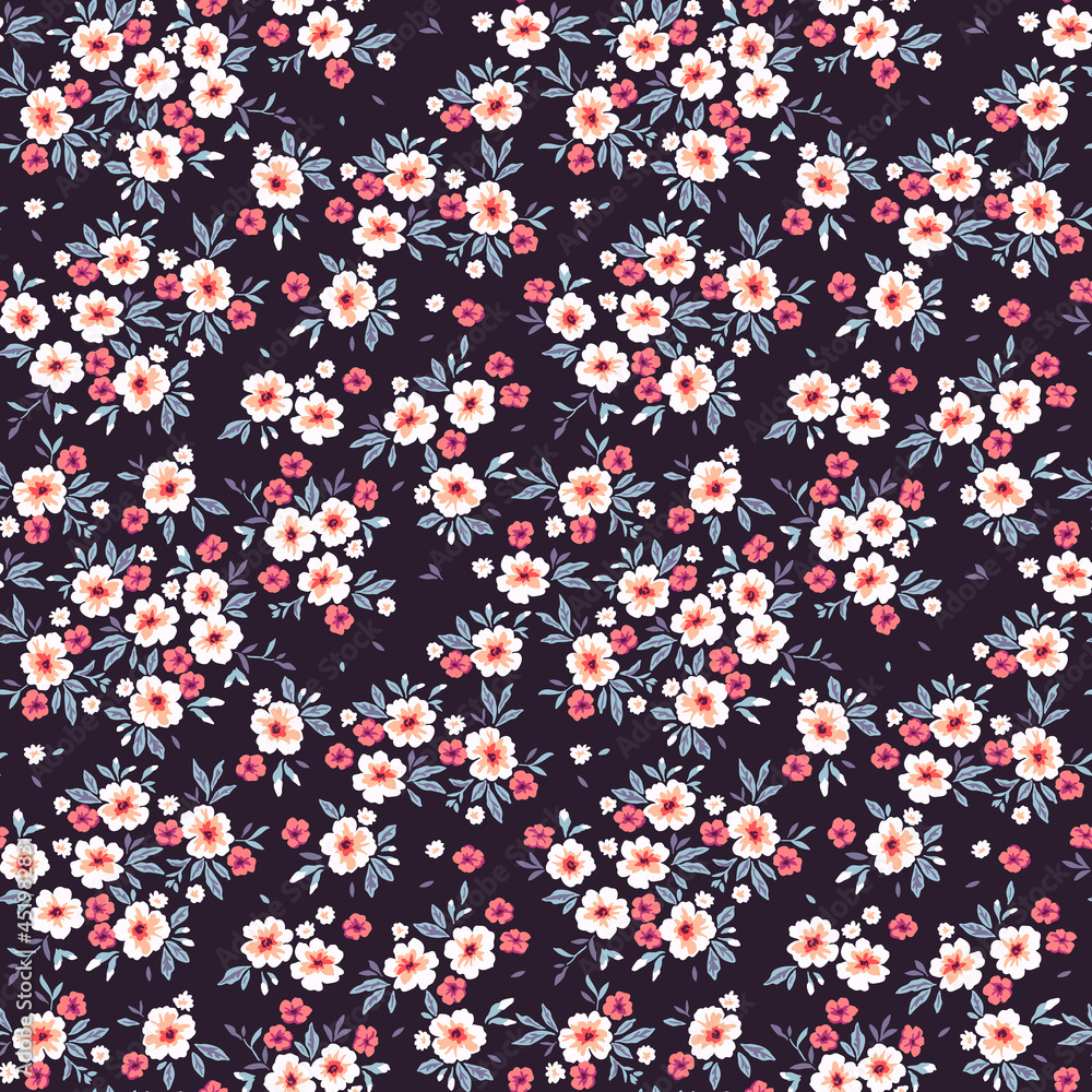 Beautiful floral pattern in small abstract flowers. Small white flowers. Dark violet background. Ditsy print. Floral seamless background. The elegant the template for fashion prints. Stock pattern.