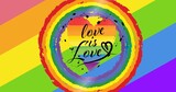 Rainbow heart with love is love text over rainbow stripes background