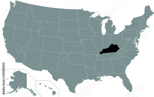 Black highlighted location map of the US Federal State of Kentucky inside gray map of the United States of America