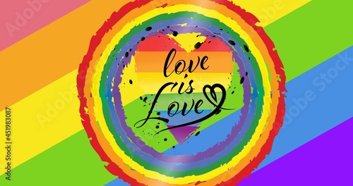 Rainbow heart with love is love text over rainbow stripes background