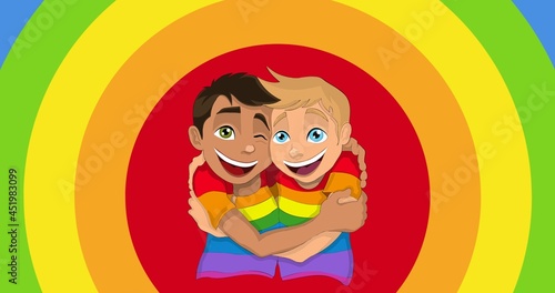 Two diverse boys hugging over rainbow stripes background © vectorfusionart