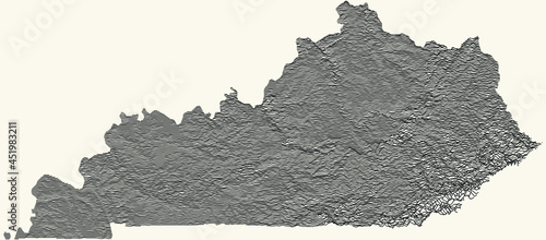 Light topographic map of the Federal State of Kentucky, USA with black contour lines on beige background