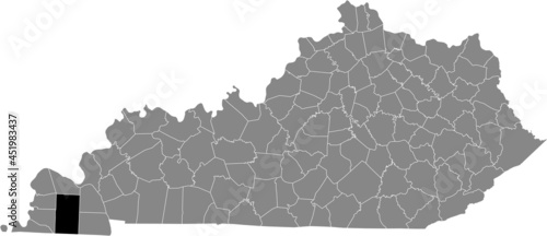 Black highlighted location map of the Graves County inside gray map of the Federal State of Kentucky, USA