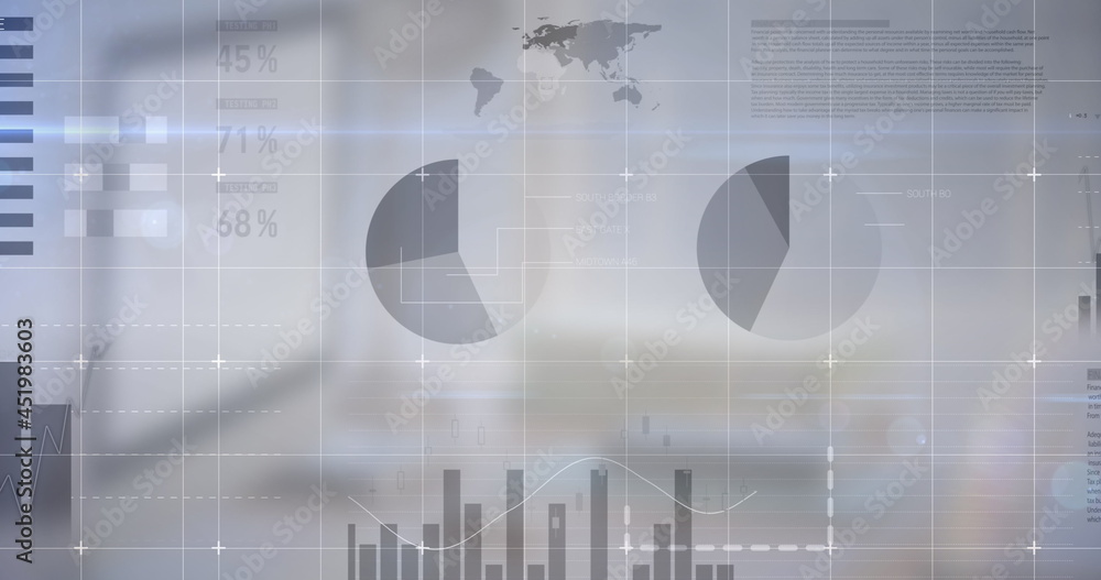 Obraz premium Digital composite image of statistical data processing against computer at office desk