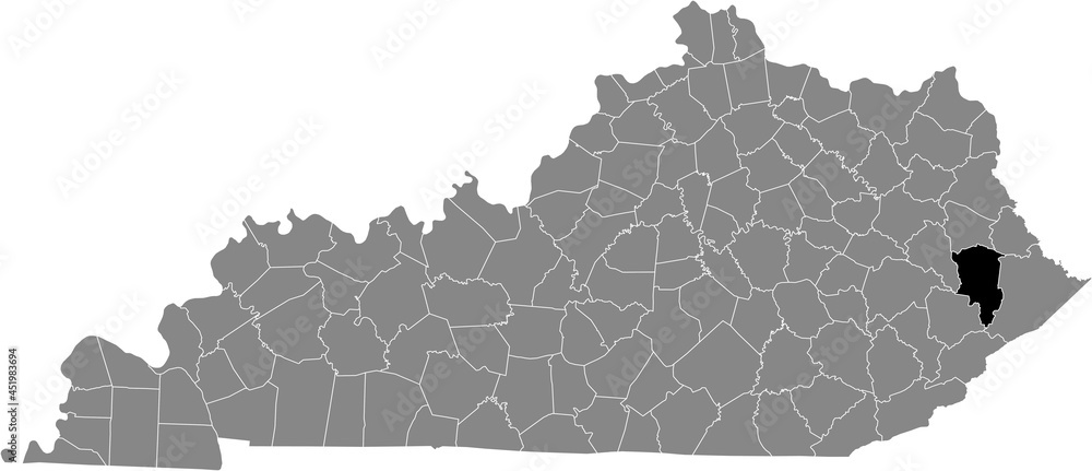 Black highlighted location map of the Floyd County inside gray map of the Federal State of Kentucky, USA Black highlighted location map of the Floyd County inside gray map of the Federal State of Kentucky, USA