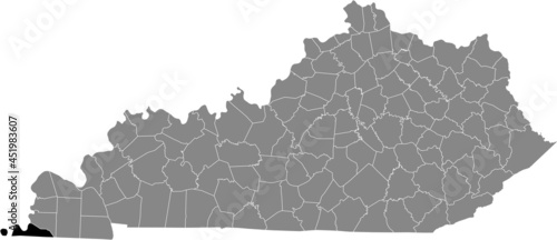 Black highlighted location map of the Fulton County inside gray map of the Federal State of Kentucky, USA