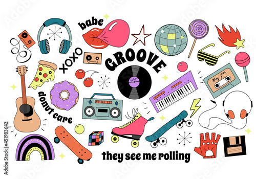 Big set with 80-s and 90-s objects and musical instruments, old fashioned contour cartoon design,  isolated vector clip art
