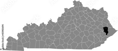 Black highlighted location map of the Floyd County inside gray map of the Federal State of Kentucky, USA