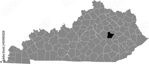 Black highlighted location map of the Estill County inside gray map of the Federal State of Kentucky, USA