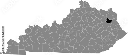 Black highlighted location map of the Elliott County inside gray map of the Federal State of Kentucky, USA
