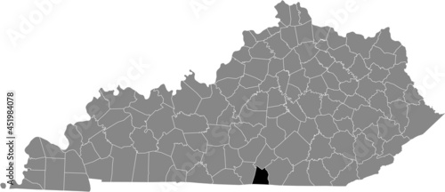 Black highlighted location map of the Clinton County inside gray map of the Federal State of Kentucky, USA