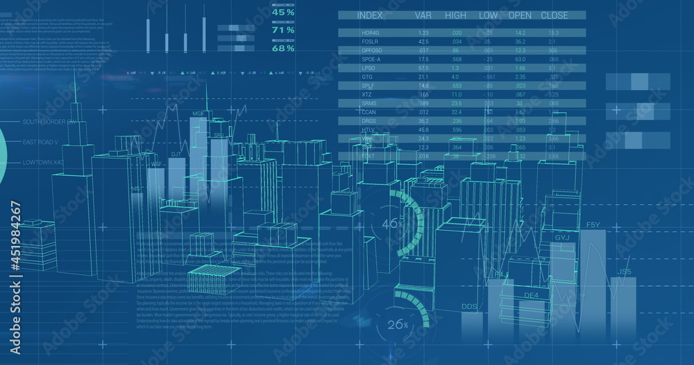 Graphs and data with virtual buildings in a city