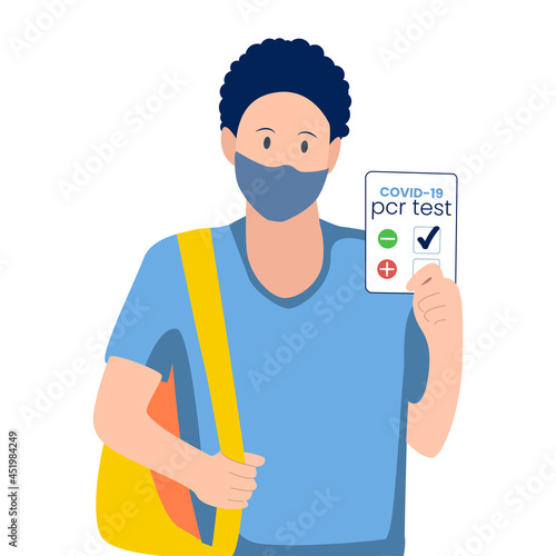 COVID 19 pcr test negative result. Coronavirus test mandatory. Traveling, new normal. Man showing health passport, document on dark background. Flat design vector illustration