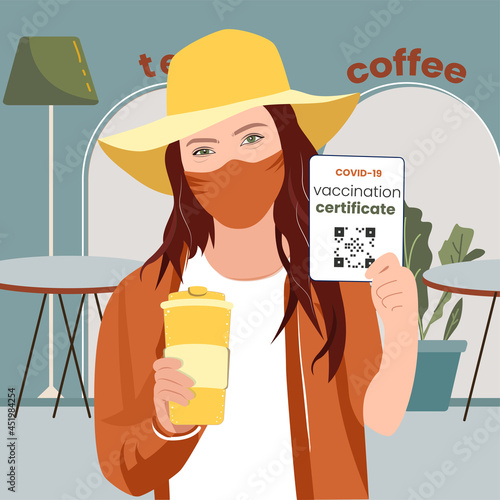 Health passport of Coronavirus vaccination, vaccination certificate, COVID 19 document mandatory. Traveling, new normal. Girl or woman in cafe, restaurant. Flat design vector illustration