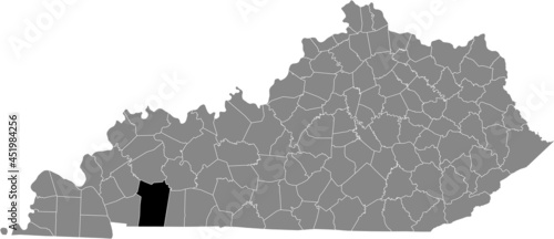 Black highlighted location map of the Christian County inside gray map of the Federal State of Kentucky, USA