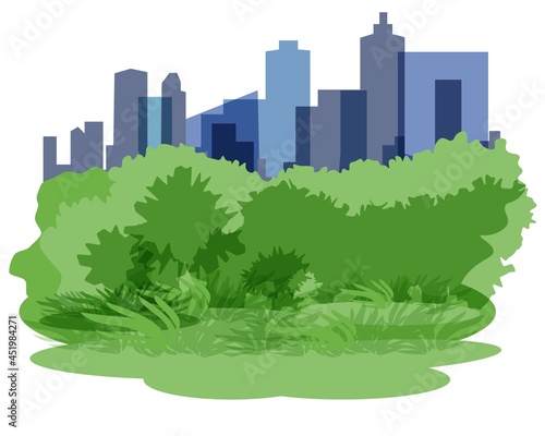 Vector illustration of an urban landscape, flat background with woodland, bushes, grass and skyscrapers buildings in the background.