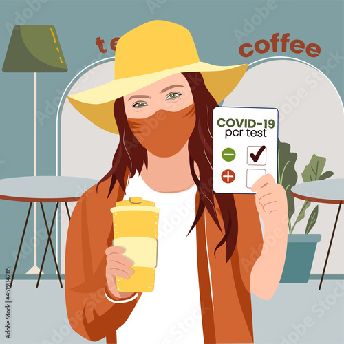 COVID 19 pcr test negative result. Health passport, document. Coronavirus test mandatory. Traveling, new normal. Girl or woman in cafe, restaurant. Flat design vector illustration