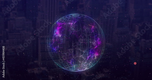 Globe of network of connections against cityscape