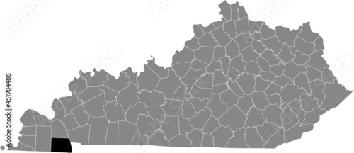 Black highlighted location map of the Calloway County inside gray map of the Federal State of Kentucky, USA