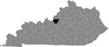 Black highlighted location map of the Bullitt County inside gray map of the Federal State of Kentucky, USA