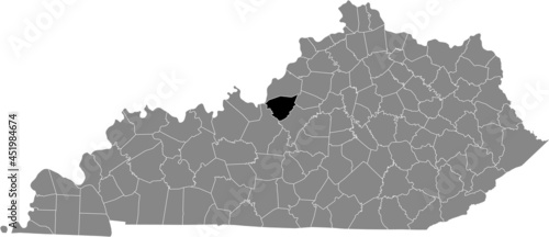 Black highlighted location map of the Bullitt County inside gray map of the Federal State of Kentucky, USA