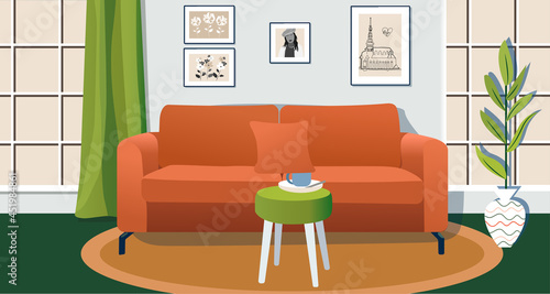 Living room in apartment. Interior 3D illustration. Room with furniture  sofa  houseplant  window  curtains  coffee cup and pictures on wall. Home interior design. Blue  yellow colors