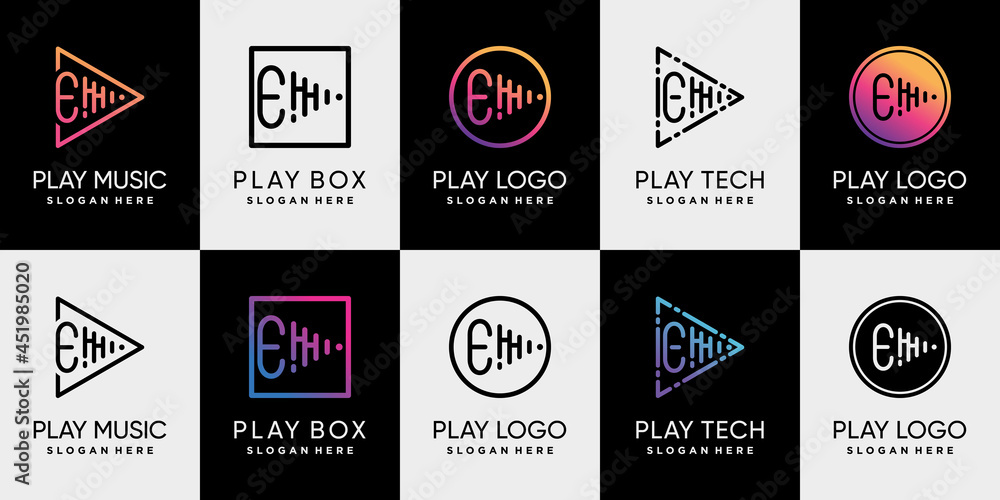 Set bundle of play music logo design with initial letter e and unique line art style Premium Vector