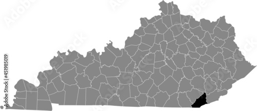 Black highlighted location map of the Bell County inside gray map of the Federal State of Kentucky, USA
