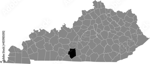 Black highlighted location map of the Barren County inside gray map of the Federal State of Kentucky, USA