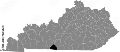 Black highlighted location map of the Allen County inside gray map of the Federal State of Kentucky, USA