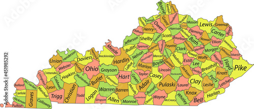 Pastel vector map of the Federal State of Kentucky, USA with black borders and names of its counties